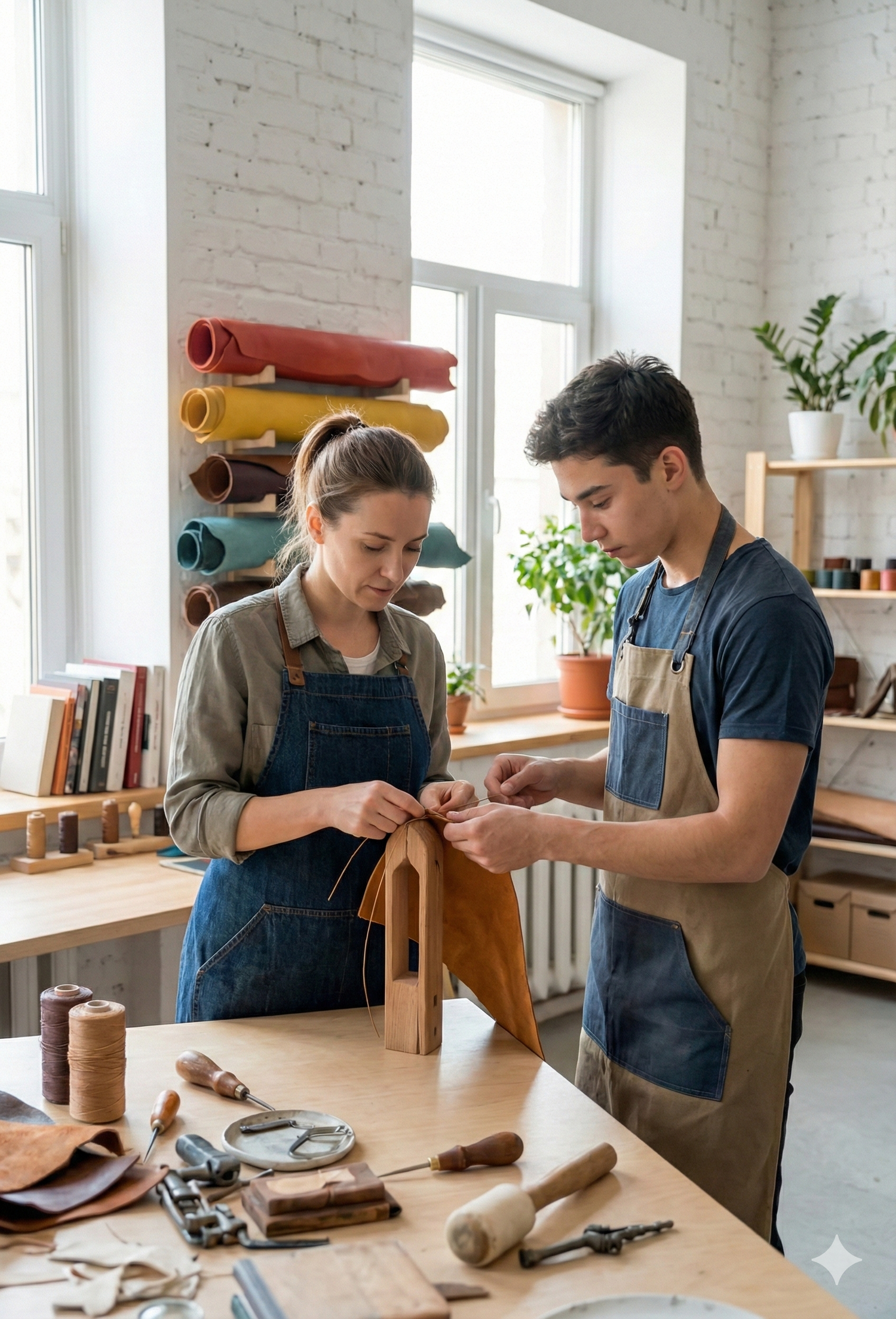 Two artisans working together on a leather craft in a bright workshop, surrounded by tools and rolls of material, creating custom accessories perfect for rhinestone belts.