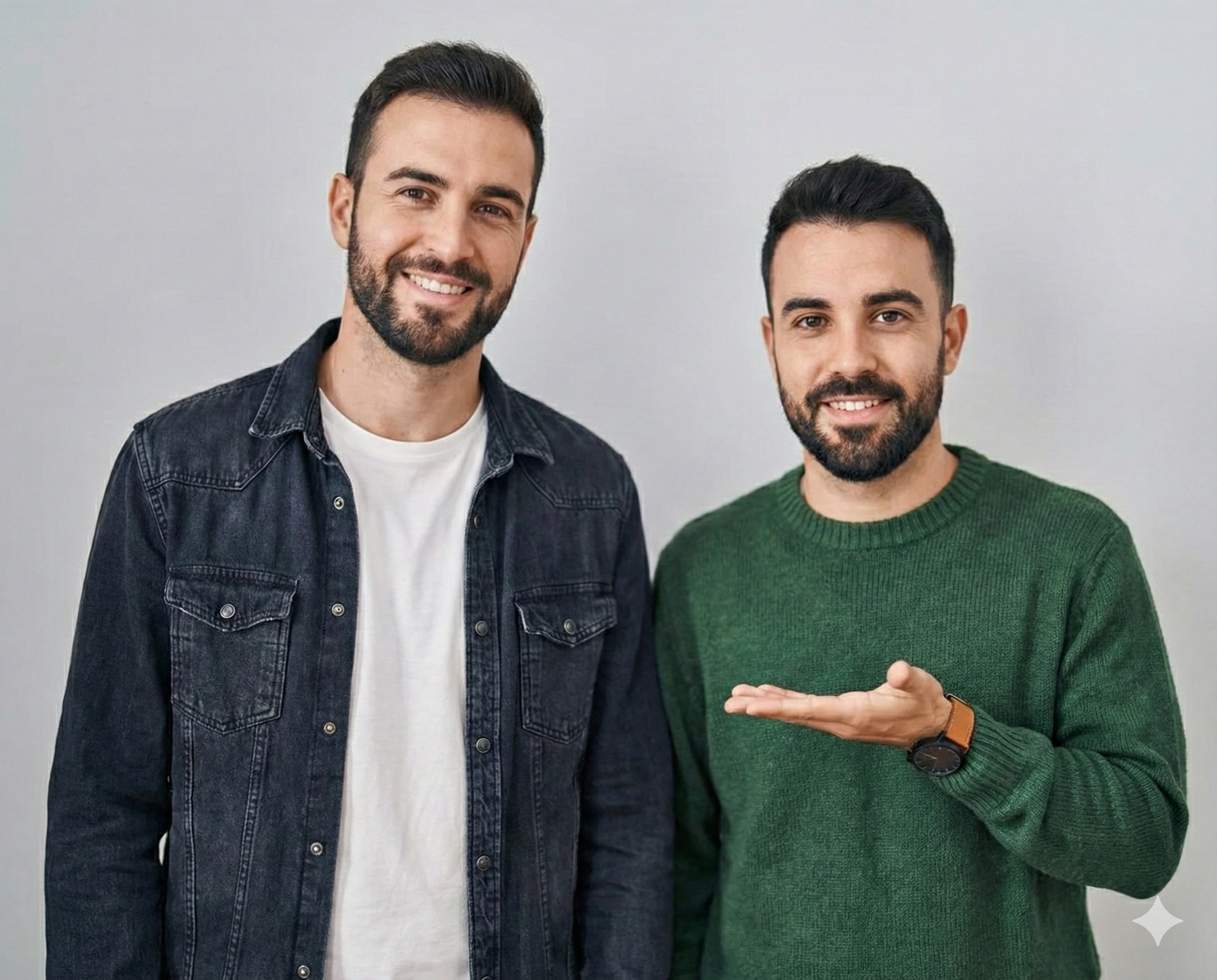 Two stylish men smiling, showcasing modern casual fashion. Perfect inspiration for pairing outfits with rhinestone belts to add a sparkling, trendy touch.