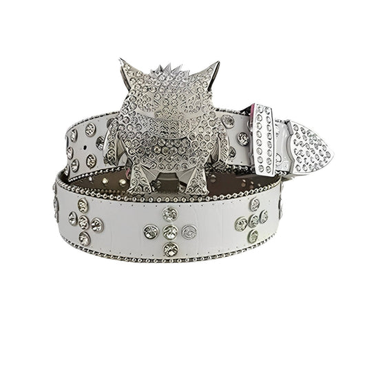 Monster buckle white strap crystal studded rhinestone belt – Rhinestone Belt Shop