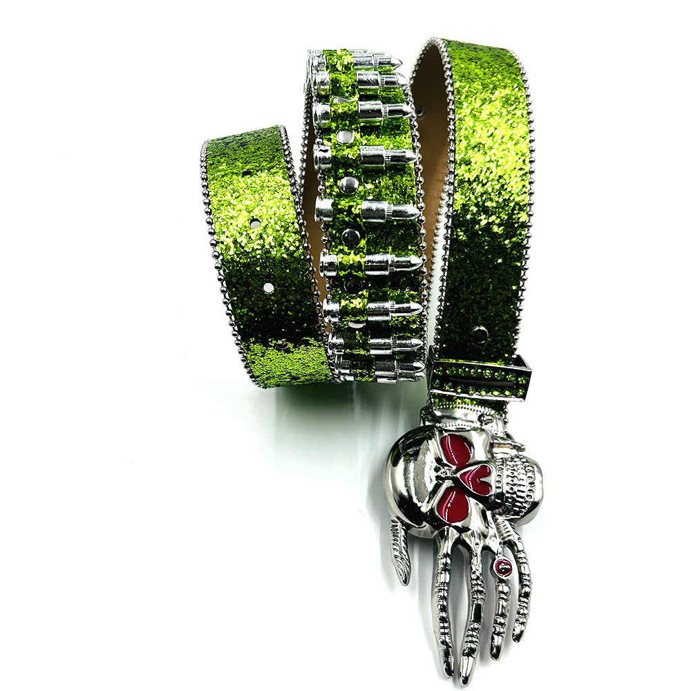 Skull buckle glitter green strap bullet studded rhinestone belt – Rhinestone Belt Shop