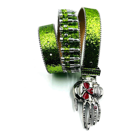 Skull buckle glitter green strap bullet studded rhinestone belt – Rhinestone Belt Shop