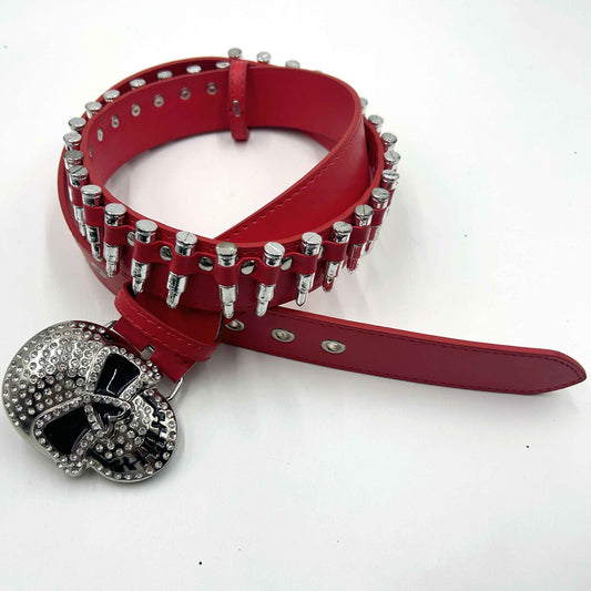 Skull buckle with red bullets strap rhinestone belt – Rhinestone Belt Shop
