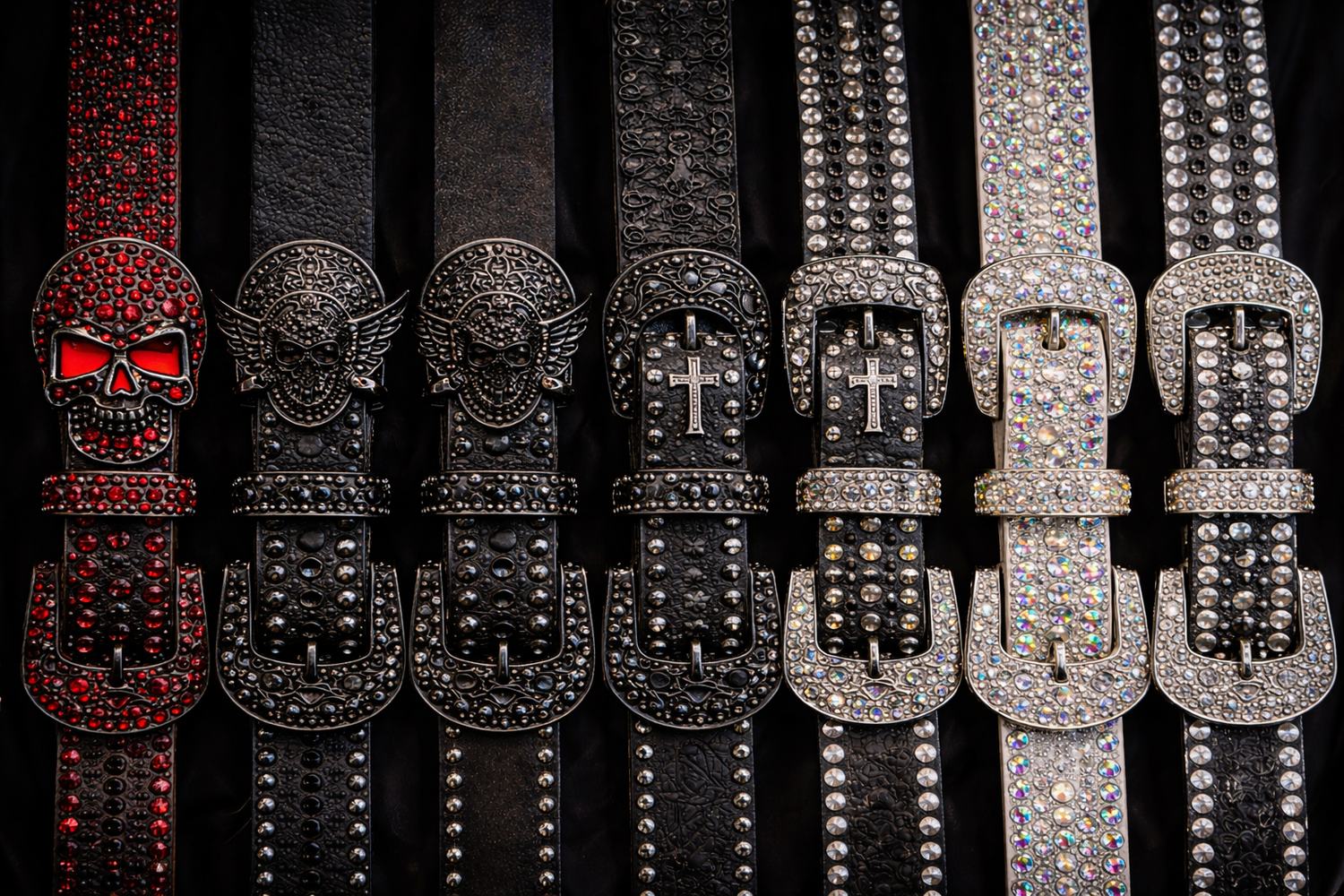 Collection of stylish rhinestone belts in black and silver with decorative buckles, including skulls, wings, and crosses. Each belt is adorned with sparkling crystals, perfect for adding a bold and glamorous touch to any outfit.
