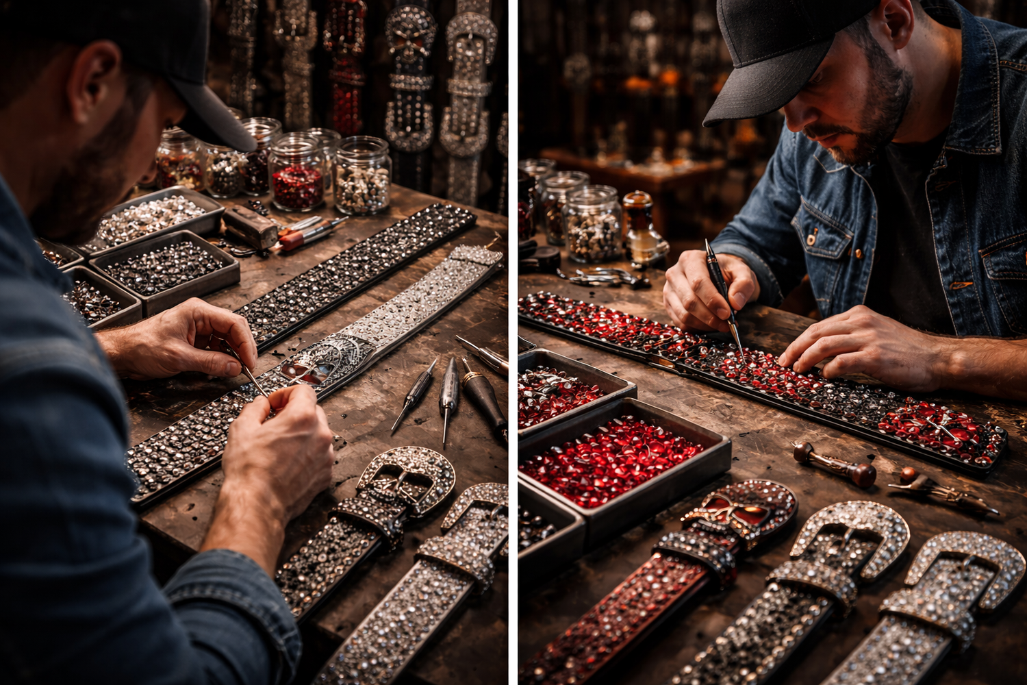 Artisan carefully handcrafting crystal-studded rhinestone belts at a wooden workbench, with multiple belts, buckles, and trays of sparkling crystals arranged around him, showcasing detailed craftsmanship and precision.