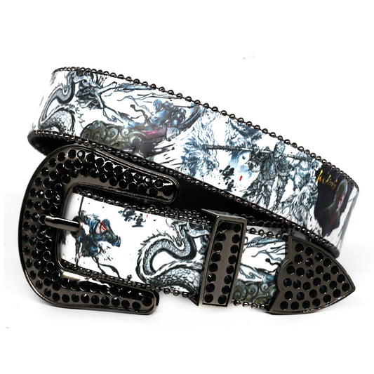 Engraved Buckle Halloween Decoration Black Shiny Rhinestone Belt