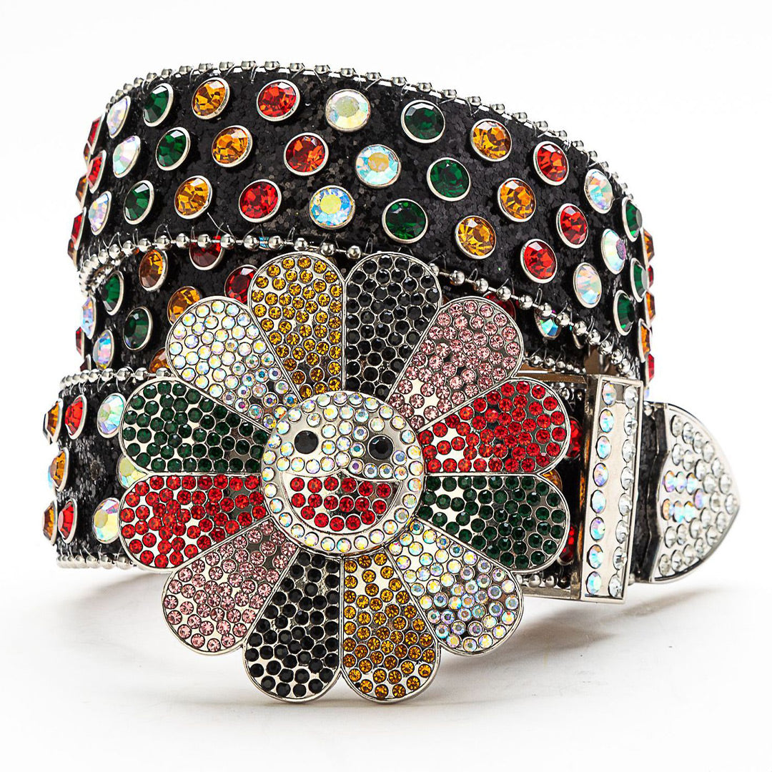 Flower Buckle Black Strap Multi Color Studded Rhinestone Belt