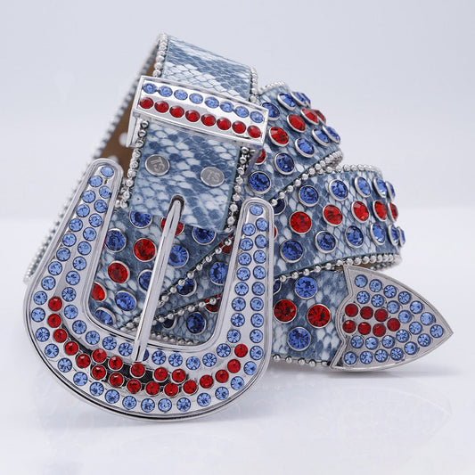 Engraved Buckle Ruby Strap Blue & Red Studded Rhinestone Belt