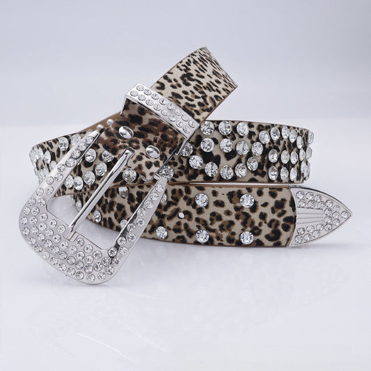 Engraved Buckle Leopard Strap White Studded Rhinestone Belt