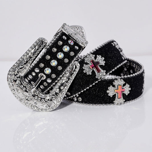 Engraved Buckle Pink Cross Black Strap White Studded Rhinestone Belt