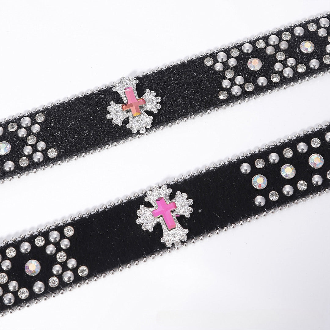 Engraved Buckle Pink Cross Black Strap White Studded Rhinestone Belt