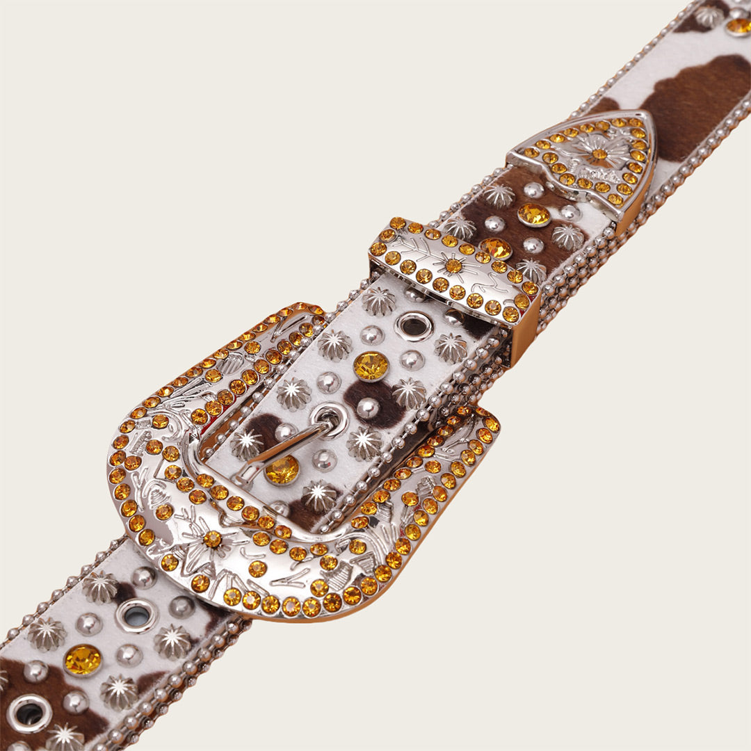 Engraved Buckle Cow Skin Style Strap Gold Studded Rhinestone Belt