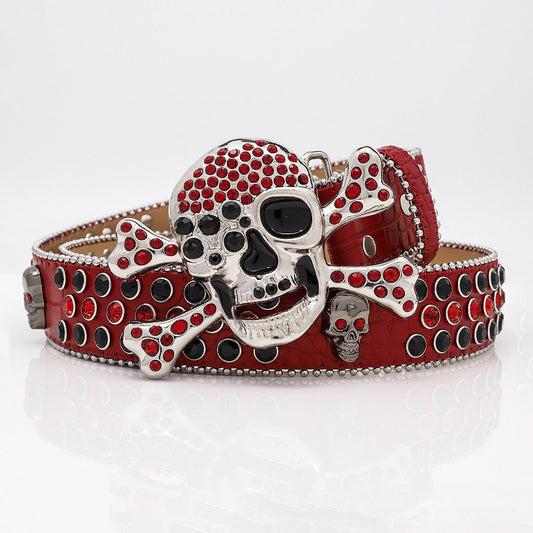 Skull Buckle Red Strap With Black And Red Studded Rhinestone Belt
