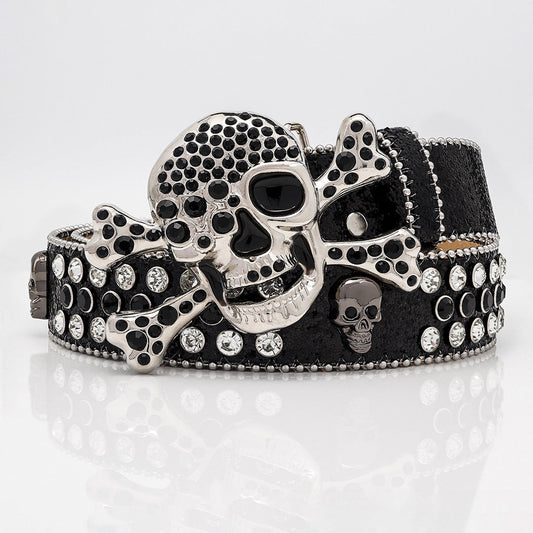 Skull Buckle Black Strap With Black And White Studded Rhinestone Belt