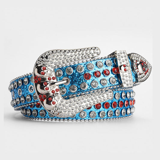 Skull Buckle Blue Shiny Strap With Crystal Studded Rhinestone Belt
