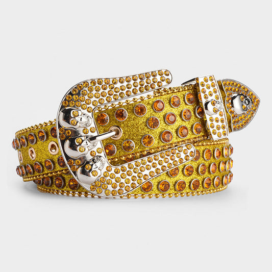 Skull Buckle Gold Shiny Strap With Gold Crystal Studded Rhinestone Belt