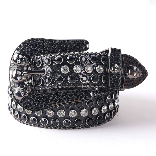 Skull Buckle Black Strap With Black & White Studded Rhinestone Belt