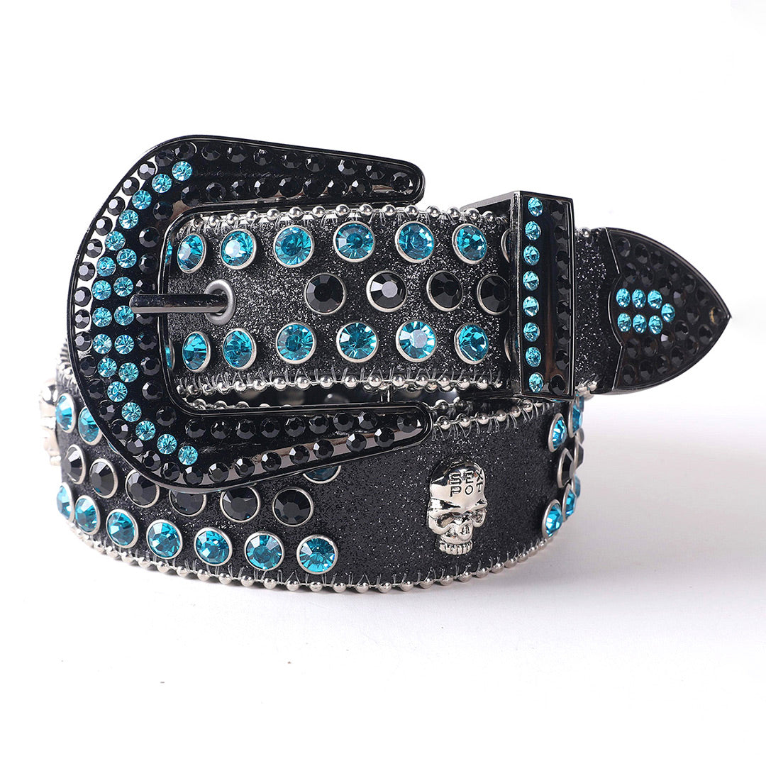 Engraved Buckle Black Strap Blue & Black Studded Rhinestone Belt
