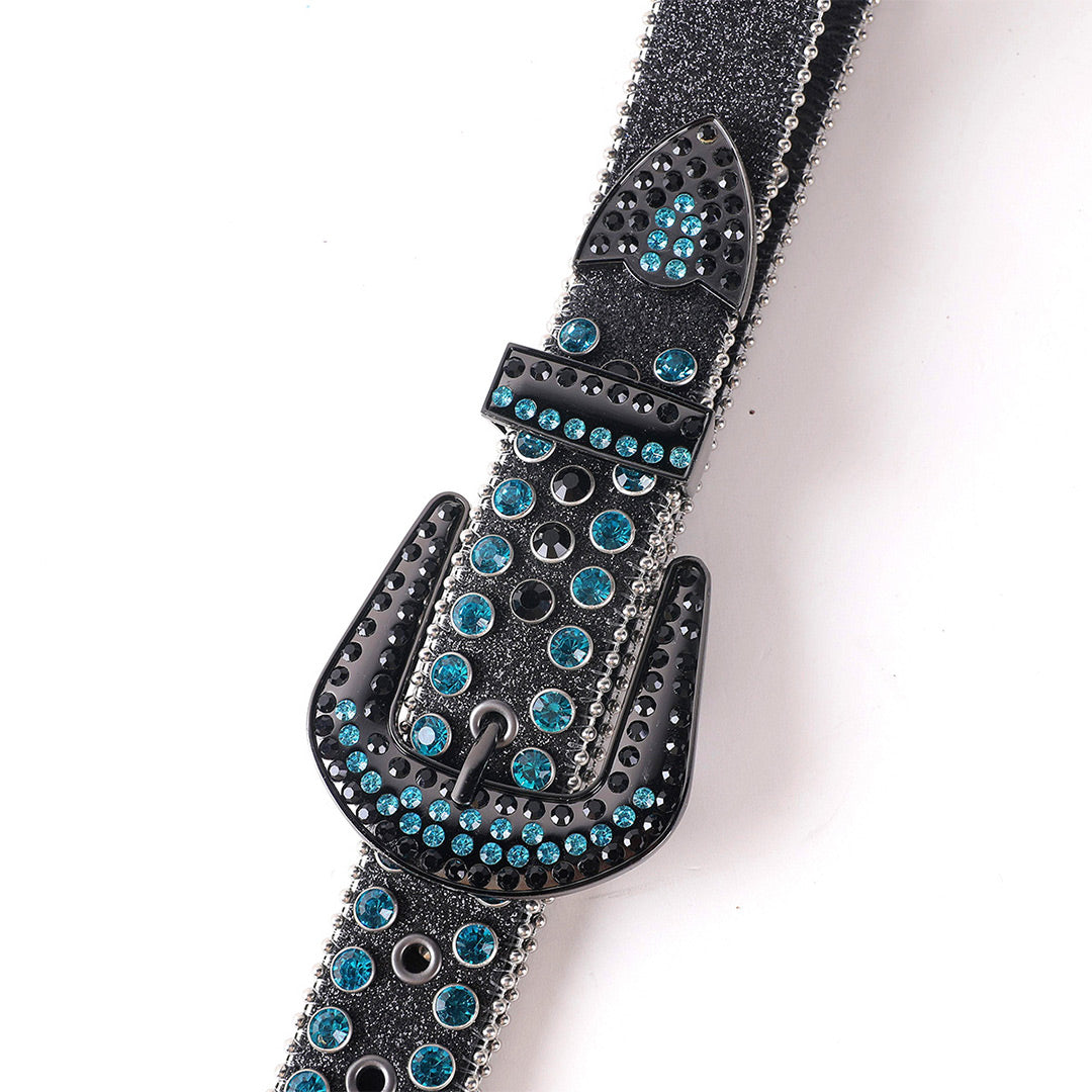 Engraved Buckle Black Strap Blue & Black Studded Rhinestone Belt